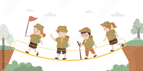 Kids in scout camp. Cartoon boys and girl in scout clothes make walking together over bridge. Set of scout boy and girl. Young tourists traveling children
