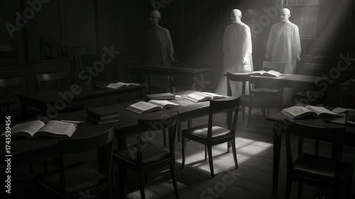 Empty classroom with open books, mysterious figures entering the room