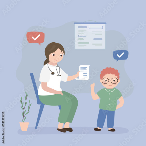 Pediatrician gives a medical prescription to a sick child. Doctor's appointment. Little boy in clinic being examined by pediatrician. Health care.