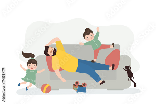 Tired dad with many children. Father exhausted under life routine and lying down on sofa. Kids playing up. Big family and lifestyle