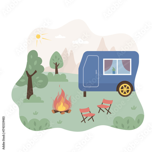 Summer camp in daytime. Rv caravan standing near campfire, nature view. Summer camping, travel, trip, hiking