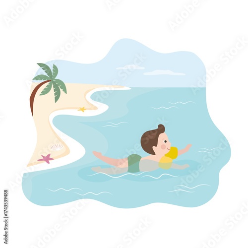 Cute boy dressing in swimsuit and inflatable armbands swims in the sea. Little kid learning swimming in ocean. Happy child on tropical beach, seashore.