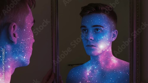 Man with galaxy face paint looking at mirror reflection