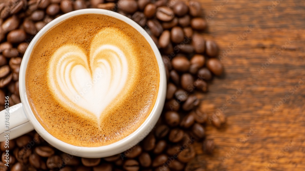 Fototapeta premium A cozy coffee shop ambiance is evoked through the photography of a steaming latte, adorned with artistic foam designs, including a heart shape, which makes for a delightful morning treat