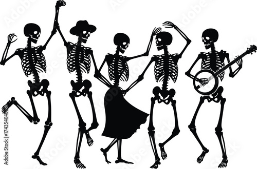 Silhouettes of five dancing skeletons, one playing a banjo, on a white background Keywords: skeletons, dancing, music, banjo