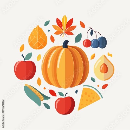 Autumn fruit and vegetable element set, vector illustration