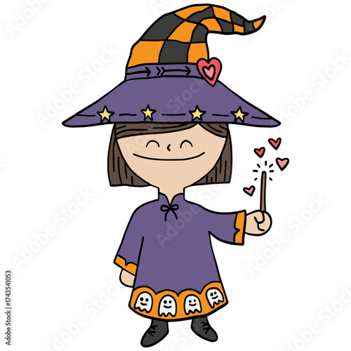 halloween Cute cartoon witch casting a spell with a wand. in doodle color line style