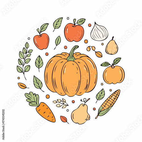 Autumn fruit and vegetable element set, vector illustration