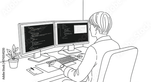 Illustration of person sitting at desk with dual monitors displaying code from a back view angle