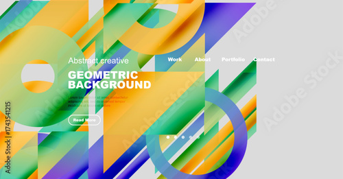 Abstract geometric design. Vibrant colors blend, creating dynamic visual experience. Website header with navigation options present.