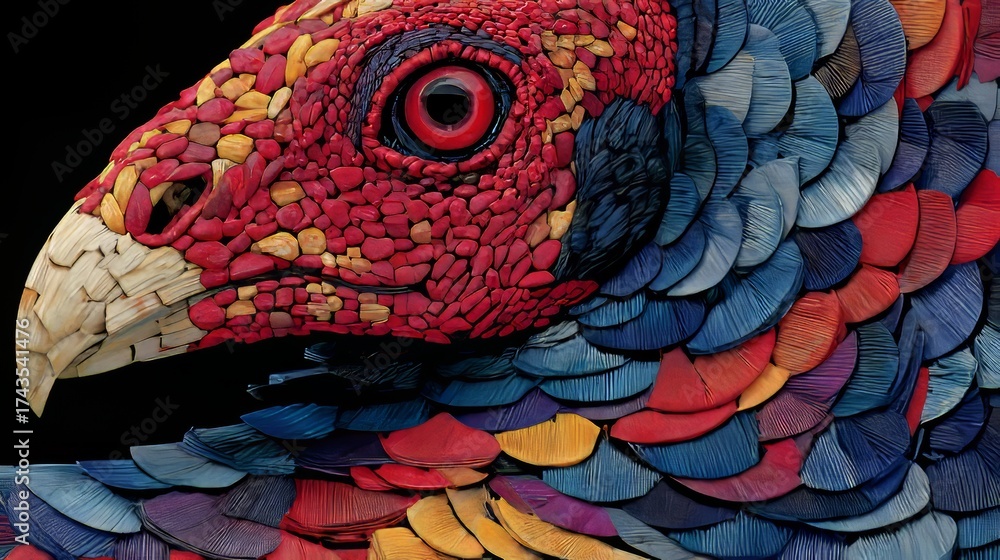 Naklejka premium A peacock's eye is the subject of a captivating closeup, set against the backdrop of exotic birds in their natural habitat, showcasing the vibrant plumage and intricate beauty of wildlife through