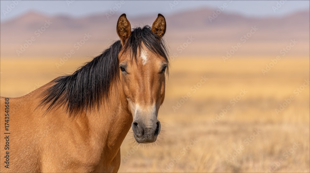 Obraz premium In a closeup nature photography shot, a majestic wild stallion is seen standing on the open plains, captured from a low angle in a serene environment