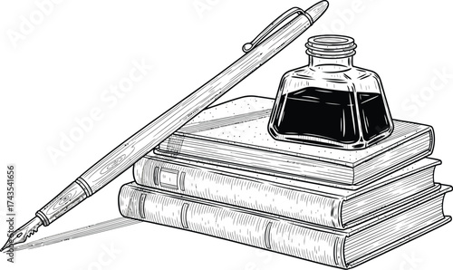 A detailed line drawing of a fountain pen resting on a stack of books with an inkwell on top of the books