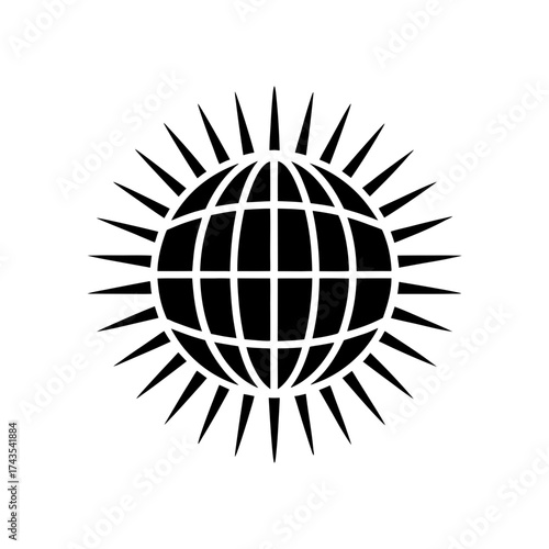 Stylized globe with radiating sunburst rays on transparent background silhouette