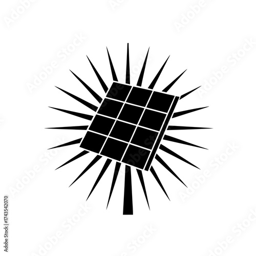 Solar panel with sun rays in black and white on transparent background silhouette