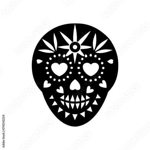 Detailed black and white sugar skull art on transparent background silhouette