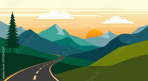 Vibrant Flat Vector Landscape Illustration of a Winding Road Through Majestic Mountains at Golden Sunset or Sunrise