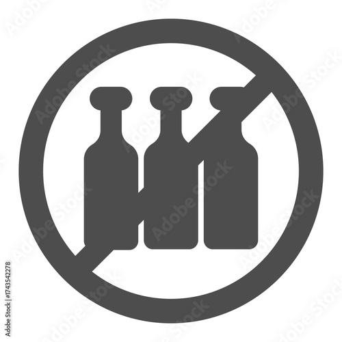 Three glass bottles ban solid icon, processing of raw materials concept. Vector graphics. Forbidden, prohibited item sign on white background, glyph style icon for mobile or web design.