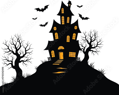 Spooky Halloween haunted house on a hill with bare trees and flying bats silhouette