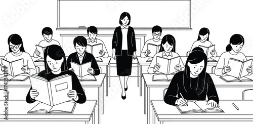Classroom scene with students reading books and a teacher walking down the aisle in black and white line art