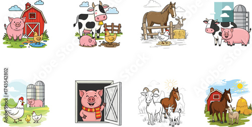 Cute cartoon farm animal illustration featuring pig, cow, horse, goat, chicken, barn, haystack, and countryside scenery for kids.