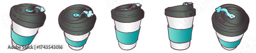 Takeaway Coffee Cup with Lid and Sleeve – Cute Hand Drawn Reusable Cup Clipart for Cafe, Beverage and Morning Drink Theme