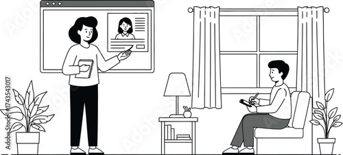 A woman presenting online to a man sitting on a chair in front of a window in a living room setting