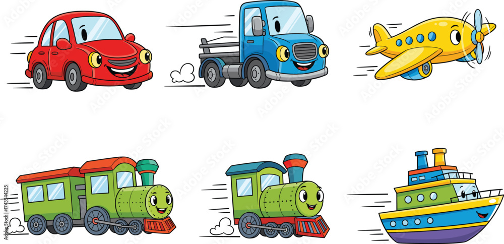 Naklejka premium Cute cartoon transportation vehicles including car, truck, airplane, trains, and ship with happy faces on white background vector illustration