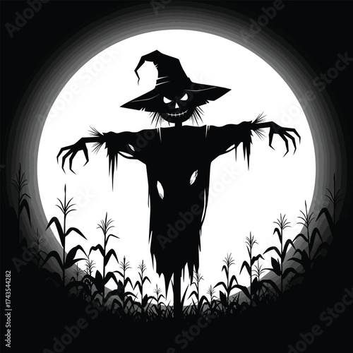 Spooky Scarecrow Silhouette Against a Large Full Moon and Cornfield night