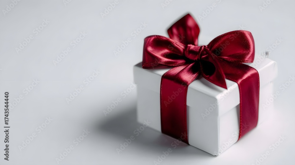 Fototapeta premium A white gift box tied with a rich red satin ribbon and bow set against a clean softly lit background with subtle shadows