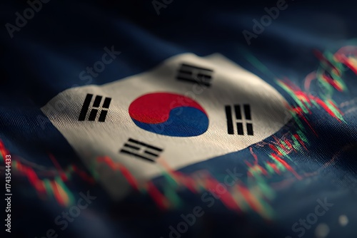 South korean flag waving over a blurred financial stock market graph representing economic growth and investment opportunities