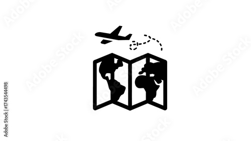 Travel and Tourism Vector Icon with Airplane Flying over World Map. Route, Trip, Journey, Global, Navigation