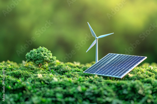 Ecosystem with renewable energy sources in green landscape for sustainability concept, generative ai