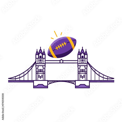 A purple American football is tossed over the iconic Tower Bridge in London, England.
