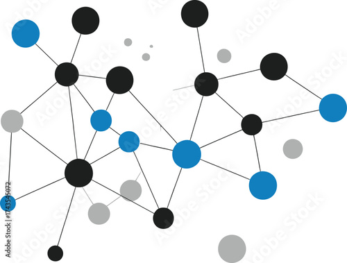 Abstract interconnected network of blue black and gray nodes and lines representing data connections