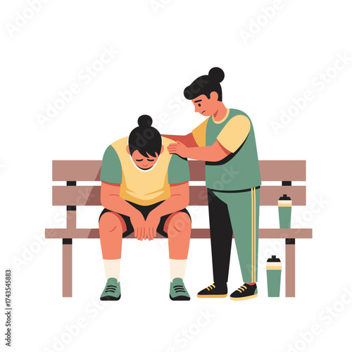 A person comforting another person who is sitting on a bench, offering support.