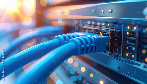 Digital Network: A close-up shot showcasing the modern digital network, with vibrant blue network cables connecting to a server rack, transmitting data and ensuring seamless digital connections.