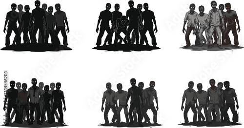 Dark Zombie Crowd Vector Illustration for Horror Themes, Apocalyptic Artwork, Halloween Designs, Undead Characters, and Creepy Silhouette Style Graphics