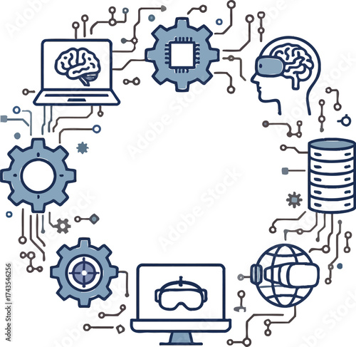 Circle of interconnected technology icons representing artificial intelligence and digital innovation