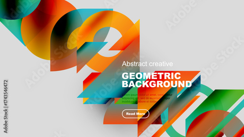 Abstract geometric shapes overlap, creating vibrant colorful background. Text promotes creative design, includes call to action.
