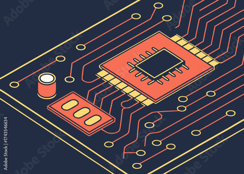 Tech's Circuit: An illustration showcasing a detailed computer chip design, highlighting the complex interconnected circuits and the technological infrastructure