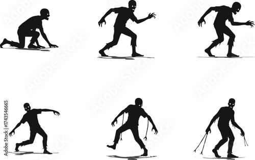 Dark Zombie Silhouette Vector Collection Featuring Creepy Walking and Crawling Monsters for Halloween Horror Artwork, Game Design, and Scary Themes
