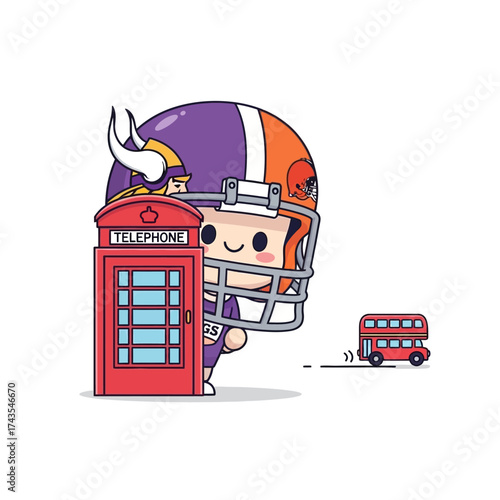 Cute cartoon character in a Viking helmet peeking from behind a red London telephone booth with a double-decker bus in the background.