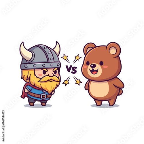 Cute cartoon Viking warrior with horned helmet and beard confronting a friendly brown bear in a playful battle illustration.