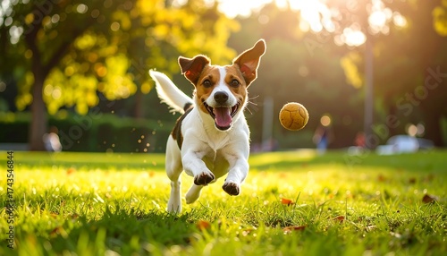 Playful dog chasing a ball in a park