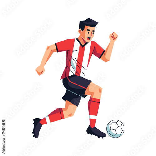 Male soccer player in a red and white striped jersey running and dribbling a ball.