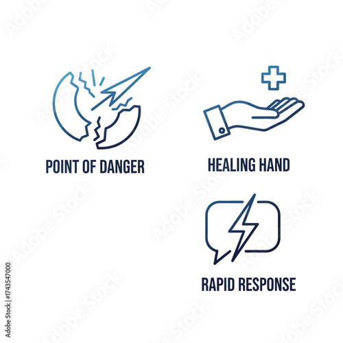 Three blue line icons representing danger, healing, and rapid response, suitable for emergency services or crisis management.