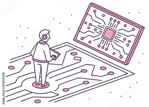 Technological Interface: An illustration of a person in a futuristic world. the image shows a person interacts with a large digital circuit board and computer chip.