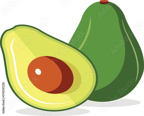 A vibrant illustration of a whole avocado next to a halved avocado, revealing its creamy green flesh and central pit, presented cleanly on a white backdrop for versatile design use.