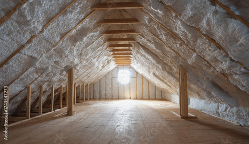 Unfinished attic space with wooden framework and white spray foam insulation, illuminated by natural light from a small window at the far end.